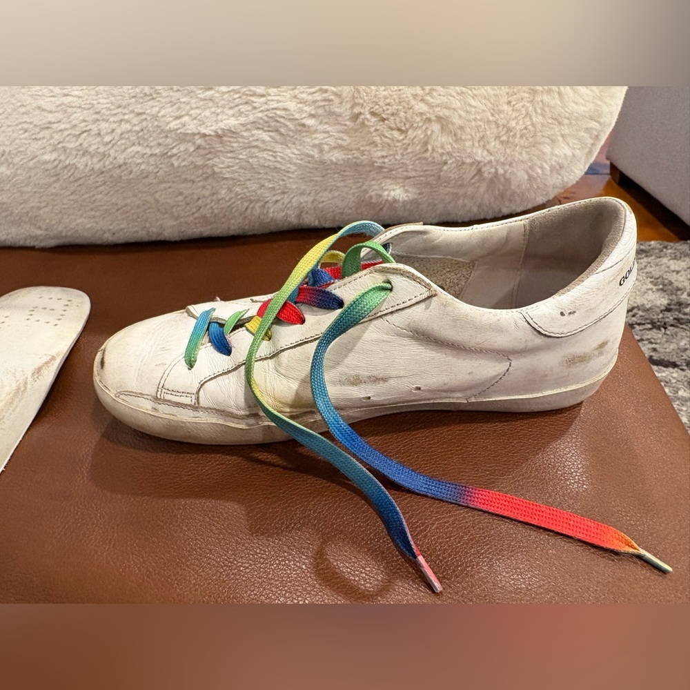 Golden Goose Super-Star White Leather Sneakers Rainbow Laces Size 37 Italy - Picture 9 of 15